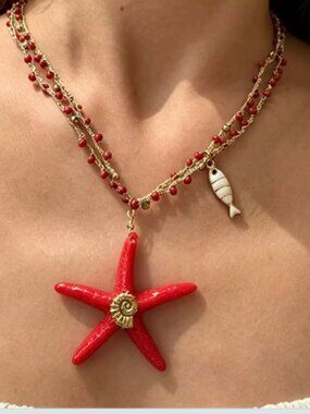 Red Gold Starfish Pendant Shell Fish Beach Layered Beaded Necklace